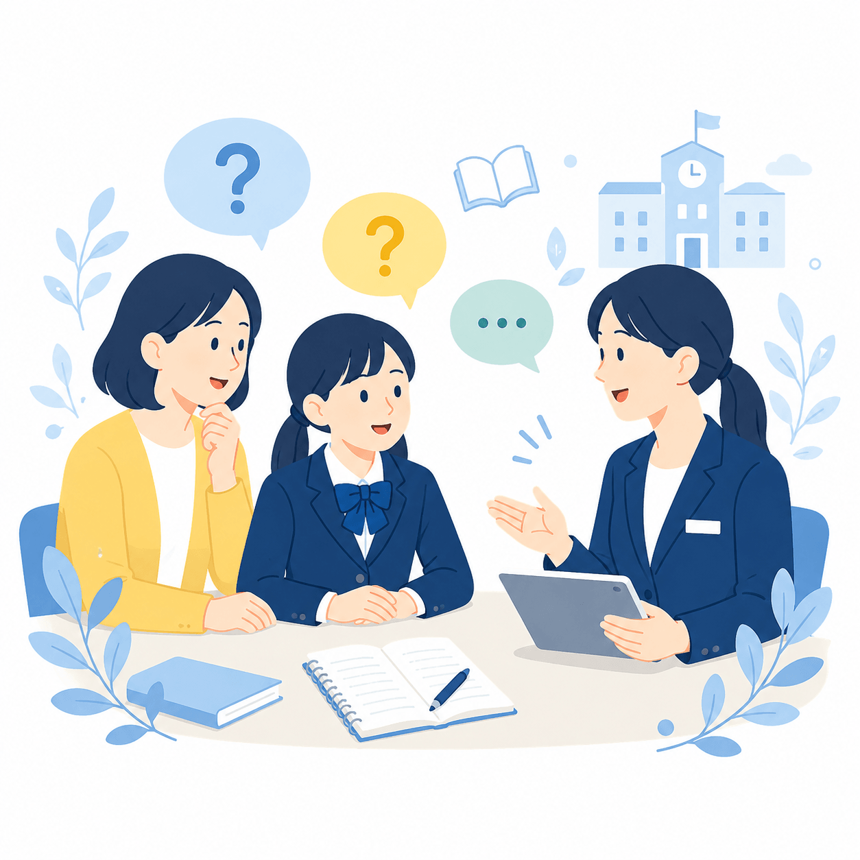 在学生や先生と話をして情報収集するイラスト
